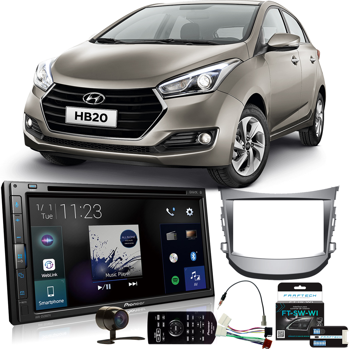 COMP Kit Multimídia HB20 2013 a 2019 com som original AVH-Z5280TV Pioneer + Moldura + Câmera + Interface + Chicotes