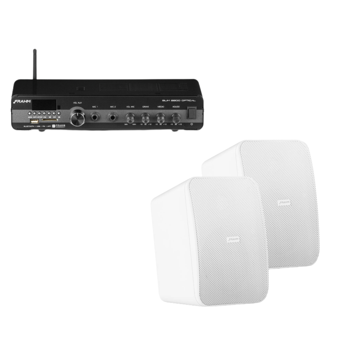 COMP Kit Amplificador de Som Ambiente 120W Slim 2200 Optical G3 Frahm + Par Caixa de Som Passiva CS 5'' Frahm Branca