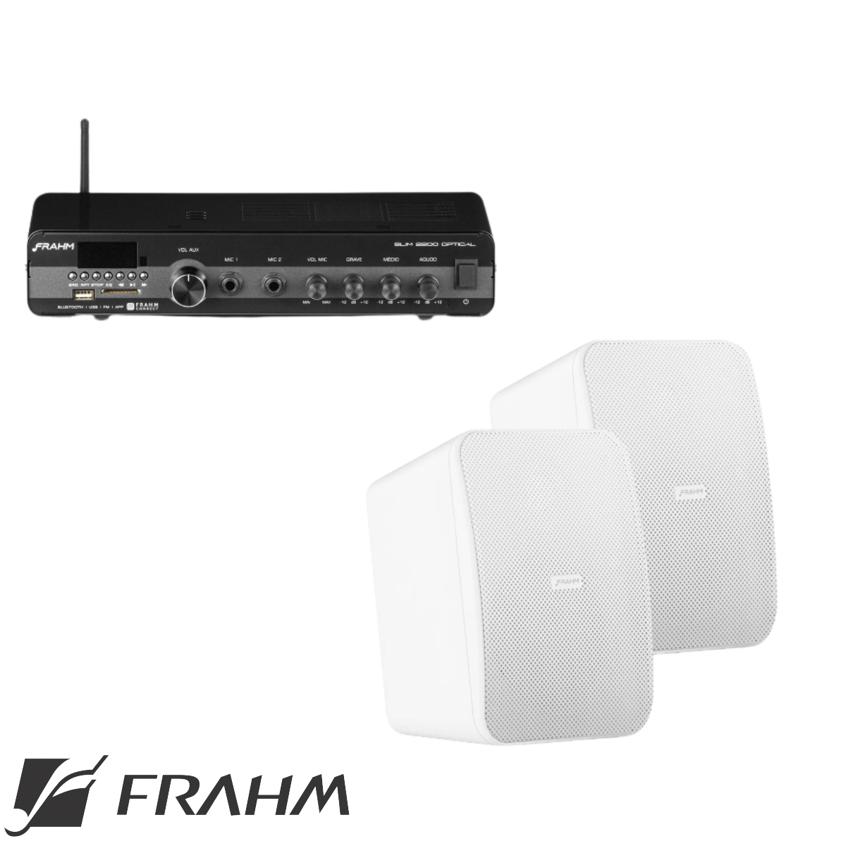 COMP Kit Amplificador de Som Ambiente 120W Slim 2200 Optical G3 Frahm + Par Caixa de Som Passiva CS 5'' Frahm Branca