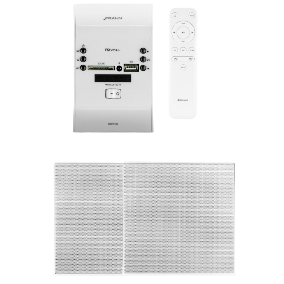 Kit Amplificador de Parede Frahm RD Wall Branco + 2 Caixas de Som Frahm Arandela 6 Polegadas Quadrada 50W Alumínio