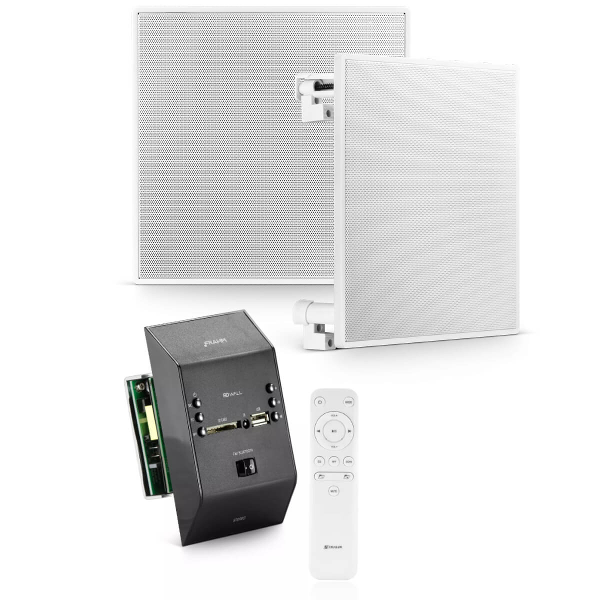 COMP Kit Amplificador de Parede Frahm RD Wall Preto + 2 Caixas de Som Frahm Arandela 6" CX 70W Branca Quadrada
