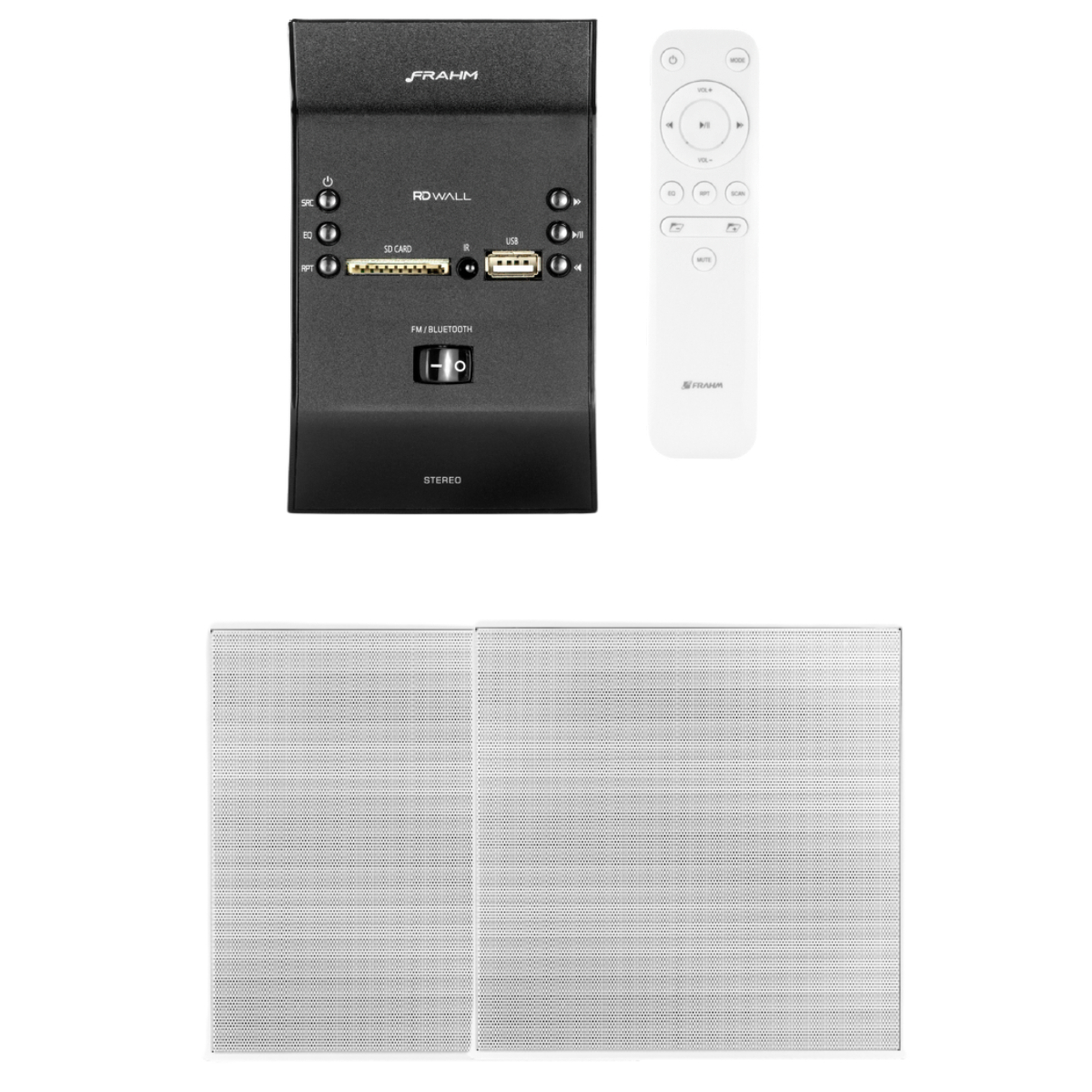 COMP Kit Amplificador de Parede Frahm RD Wall Preto + 2 Caixas de Som Frahm Arandela 6" CX 70W Branca Quadrada