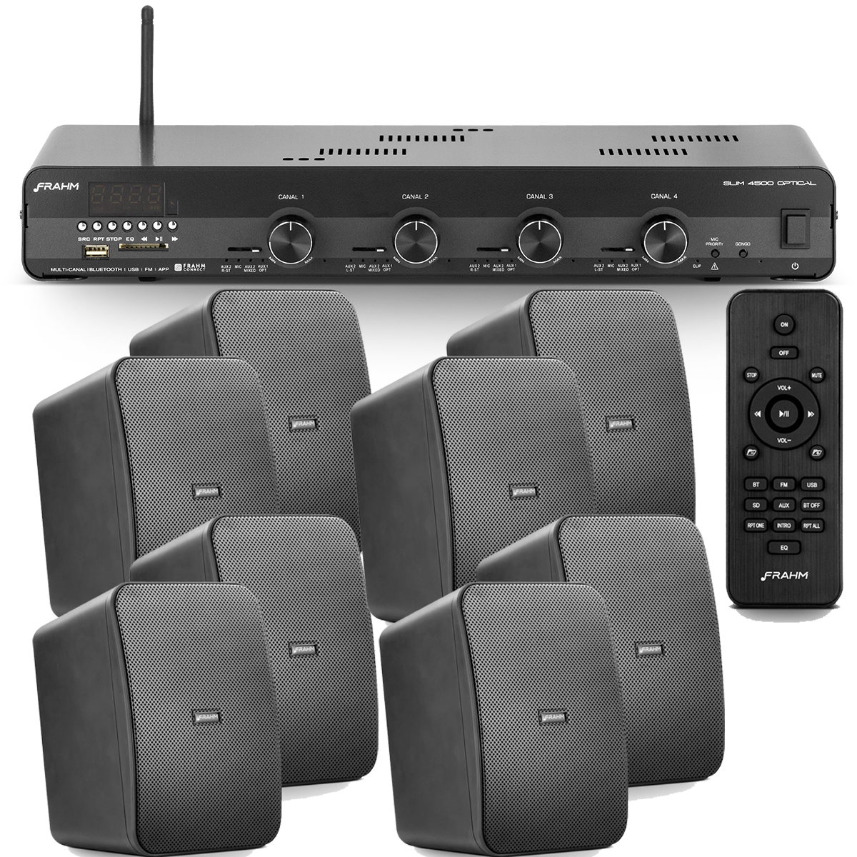 COMP Kit Amplificador de Som Ambiente Frahm Receiver Slim 4500 Optical + 4 Pares Caixa de Som Passiva CS 6" Preta Frahm