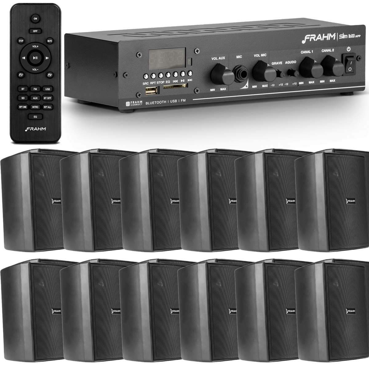 Kit Amplificador de Som Ambiente Frahm Receiver Slim 1600 + 6 Pares Caixa de Som Passiva Frahm PS 200 New 60W
