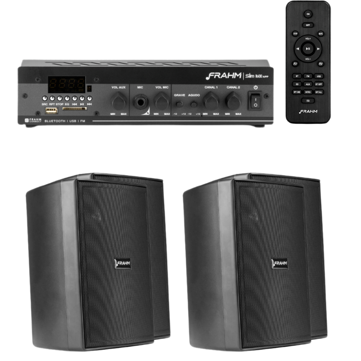 Kit Amplificador de Som Ambiente Frahm Receiver Slim 1600 + 6 Pares Caixa de Som Passiva Frahm PS 200 New 60W