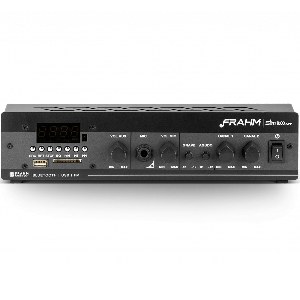 Kit Amplificador de Som Ambiente Frahm Receiver Slim 1600 + 6 Pares Caixa de Som Passiva Frahm PS 200 New 60W