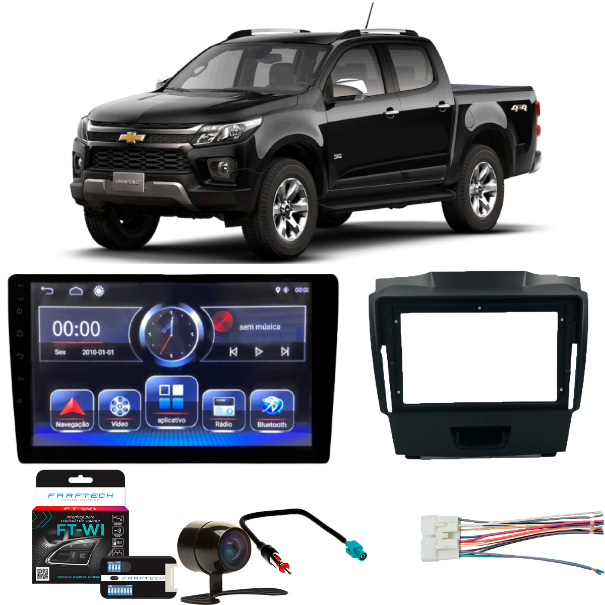 COMP Kit Central Multimídia 9 pol RS905BR Chevrolet S10 2012 até 2015 Moldura + Câmera + Chicotes + Interface