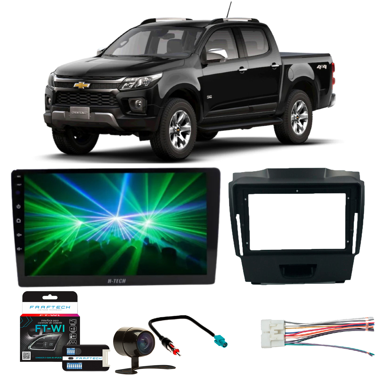 COMP Kit Central Multimídia 9 pol HT-9620 Chevrolet S10 2012 até 2015 Moldura + Câmera de ré + Chicotes + Interface