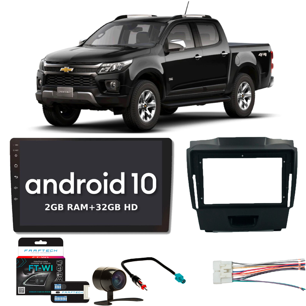 COMP Kit Central Multimídia 9 pol HT-9220SC Chevrolet S10 2012 até 2015 Moldura + Chicotes + Câmera de ré + Interface