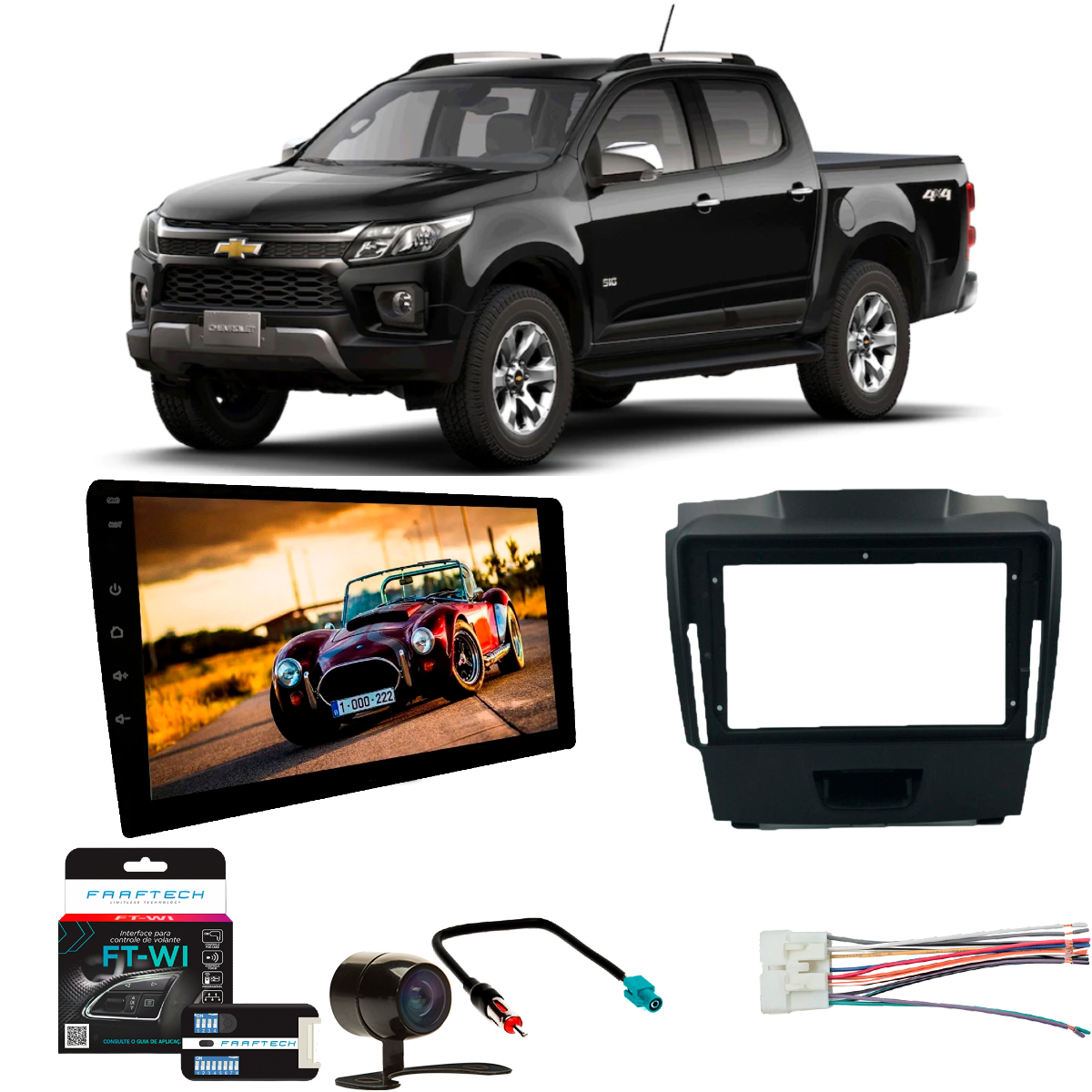 COMP Kit Central Multimídia 9 pol HT-9000 Chevrolet S10 2012 até 2015 Moldura + Câmera de ré + Chicotes + Interface