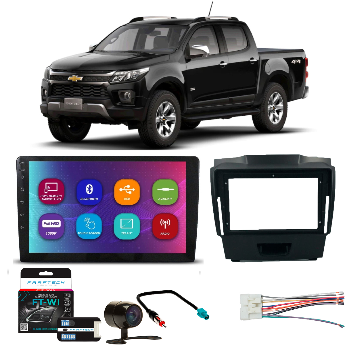 COMP Kit Central Multimídia 9 pol CM9116 Chevrolet S10 2012 até 2015 Moldura + Câmera de ré + Chicotes + Interface