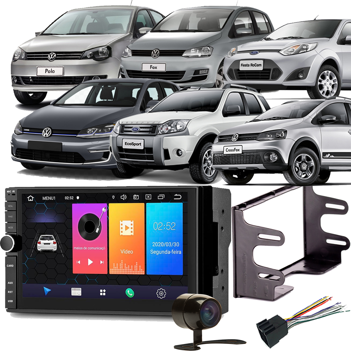 COMP Central Multimídia Golf Fox Crossfox Polo Fiesta Evolve 7 pol Android 9 GP349 + Moldura + Câmera + Chicotes