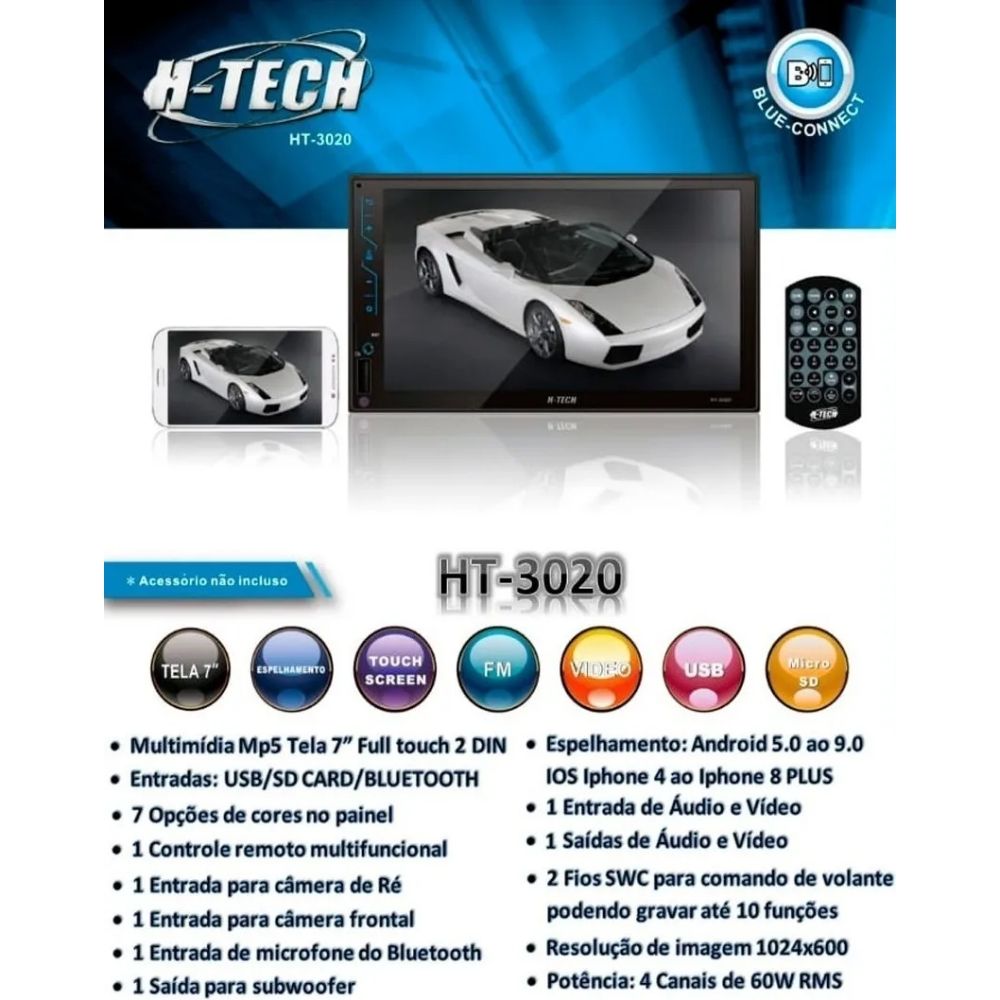 COMP Central multimídia MP5 2 DIN 7" USB/SD CARD/AUX/BT Espelhamento Full Touch H-Tech HT-3020 + Câmera de ré