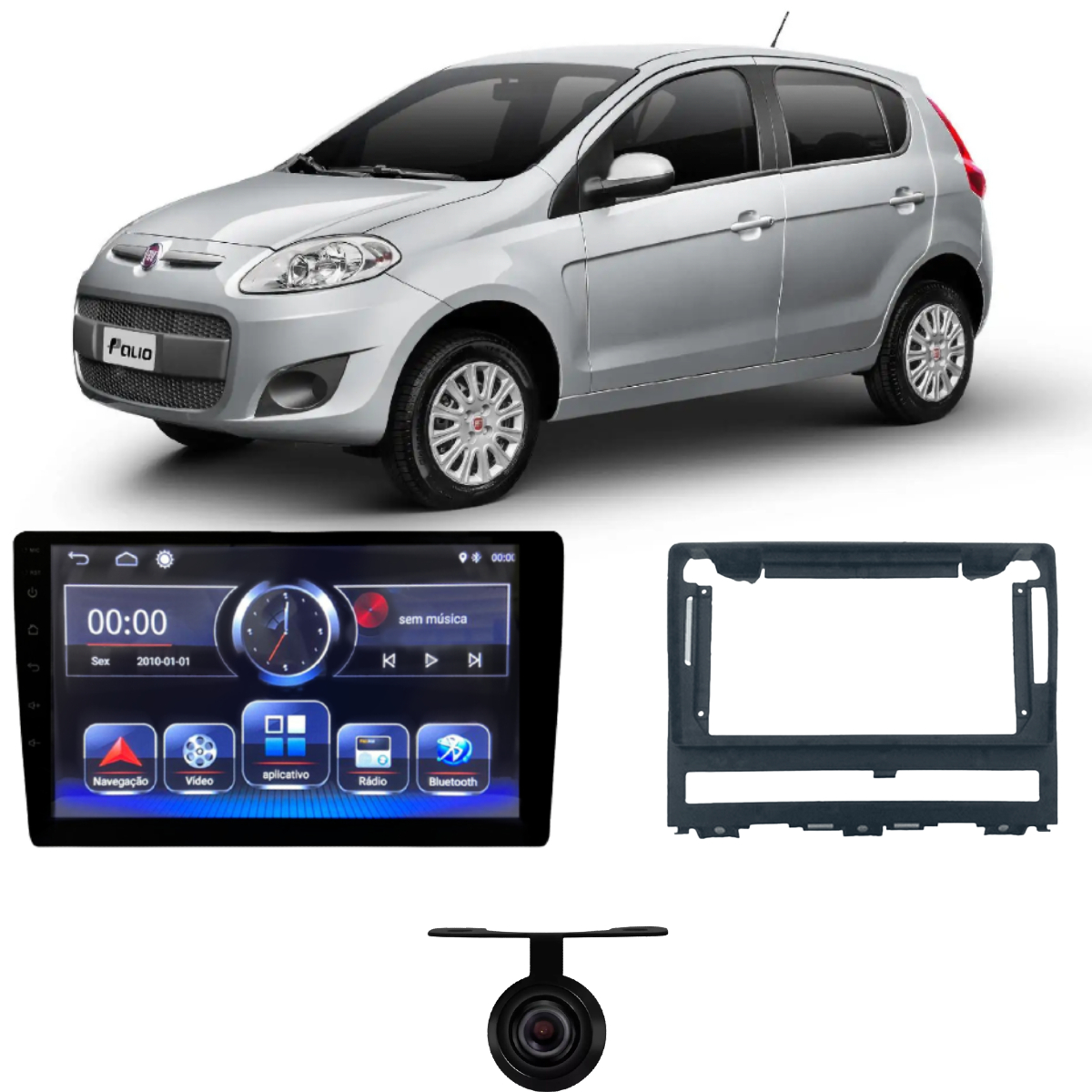 COMP Kit Central Multimídia 9 pol RS905BR Fiat Palio 2003 a 2013 Moldura + Câmera de Ré