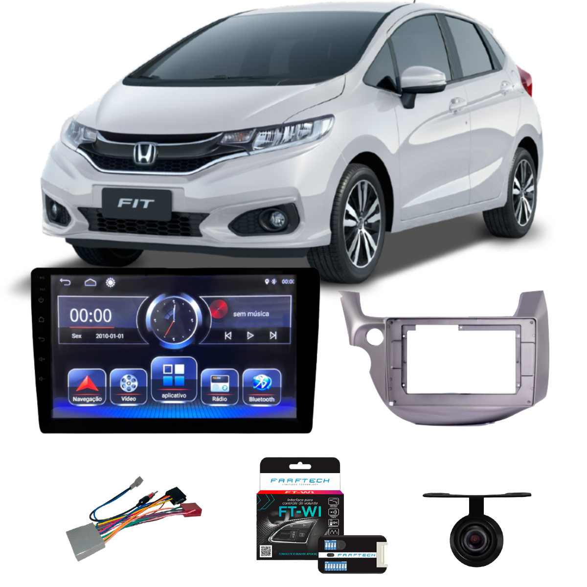 COMP Kit Central Multimídia 10 pol RS1005BR Honda Fit 2008 a 2013 + Câmera de Ré + Interface + Chicotes