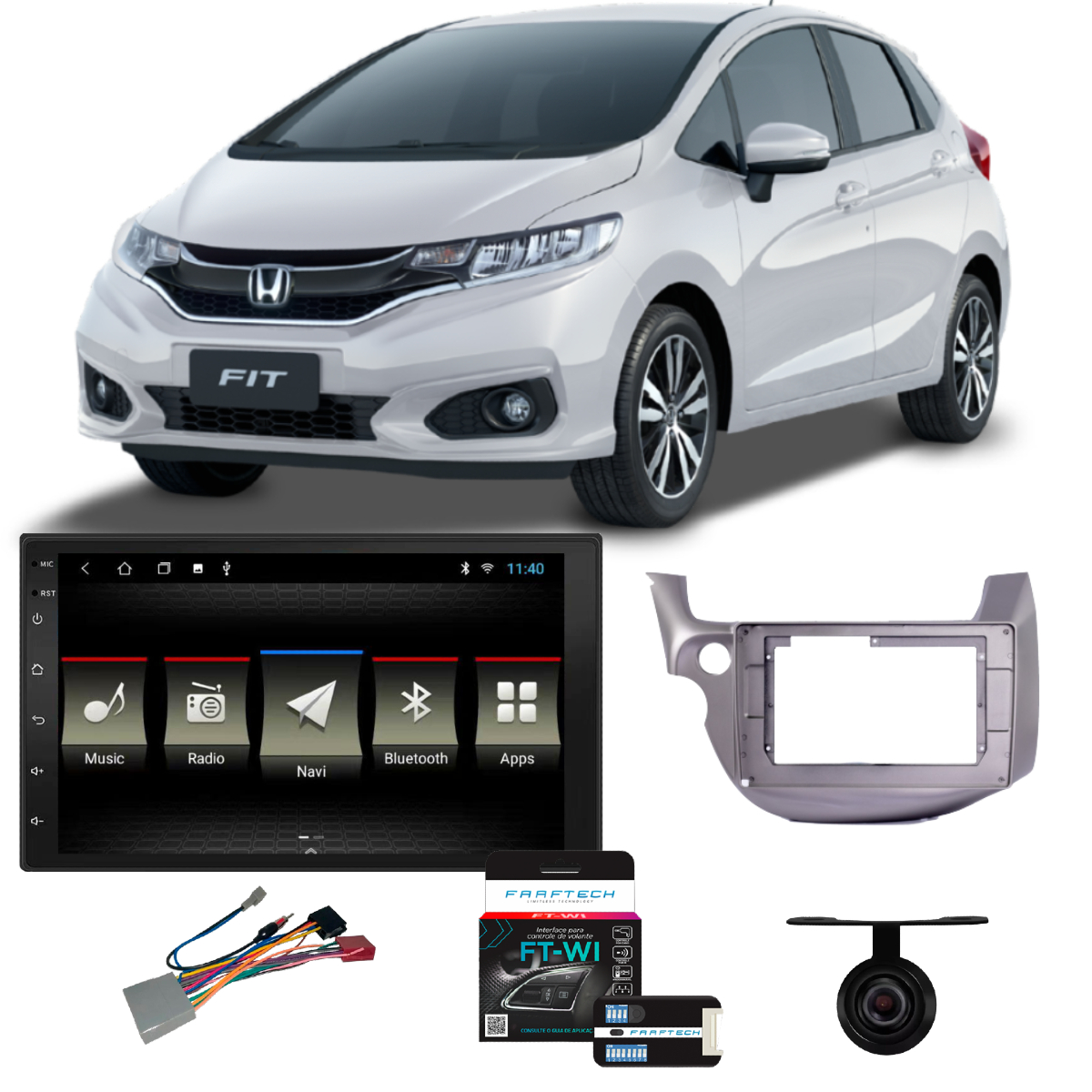 COMP Kit Central Multimídia 10 pol JS1003 Honda Fit 2008 a 2013 + Câmera de Ré + Interface + Chicotes