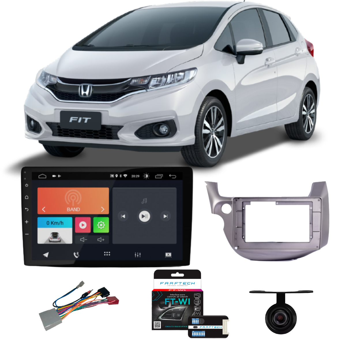 COMP Kit Central Multimídia 10 pol FT-MM-AND10.1 Honda Fit 2008 a 2013 + Câmera de Ré + Interface + Chicotes