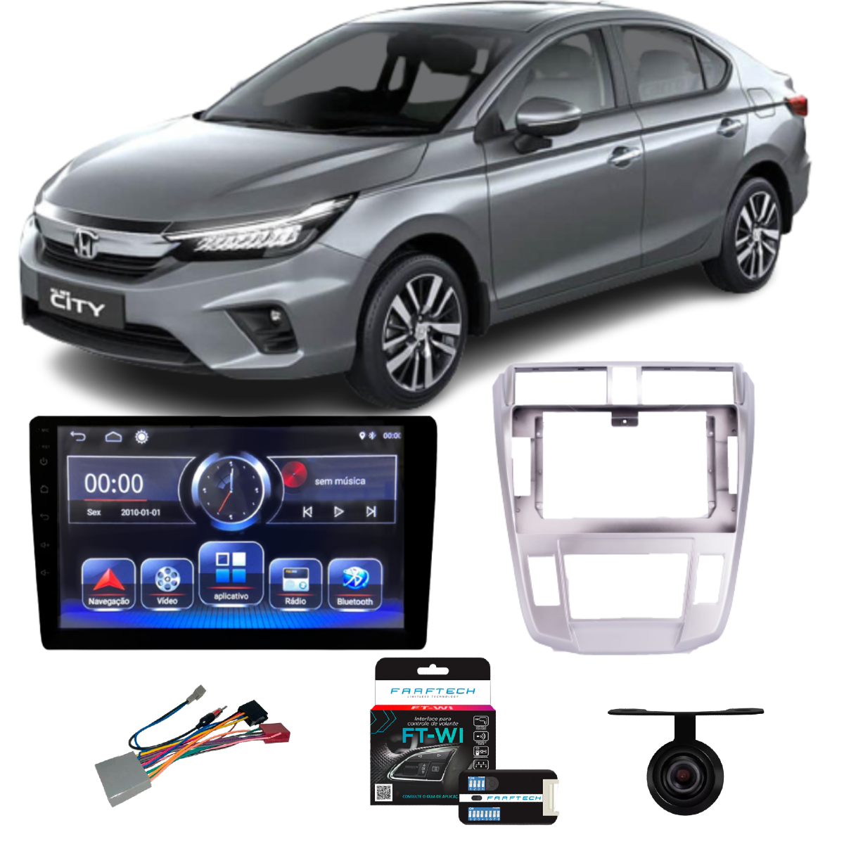 Kit Central Multimídia 10 pol RS1005BR Honda City Ar Digital 2008 a 2013 + Câmera de Ré + Interface + Chicotes