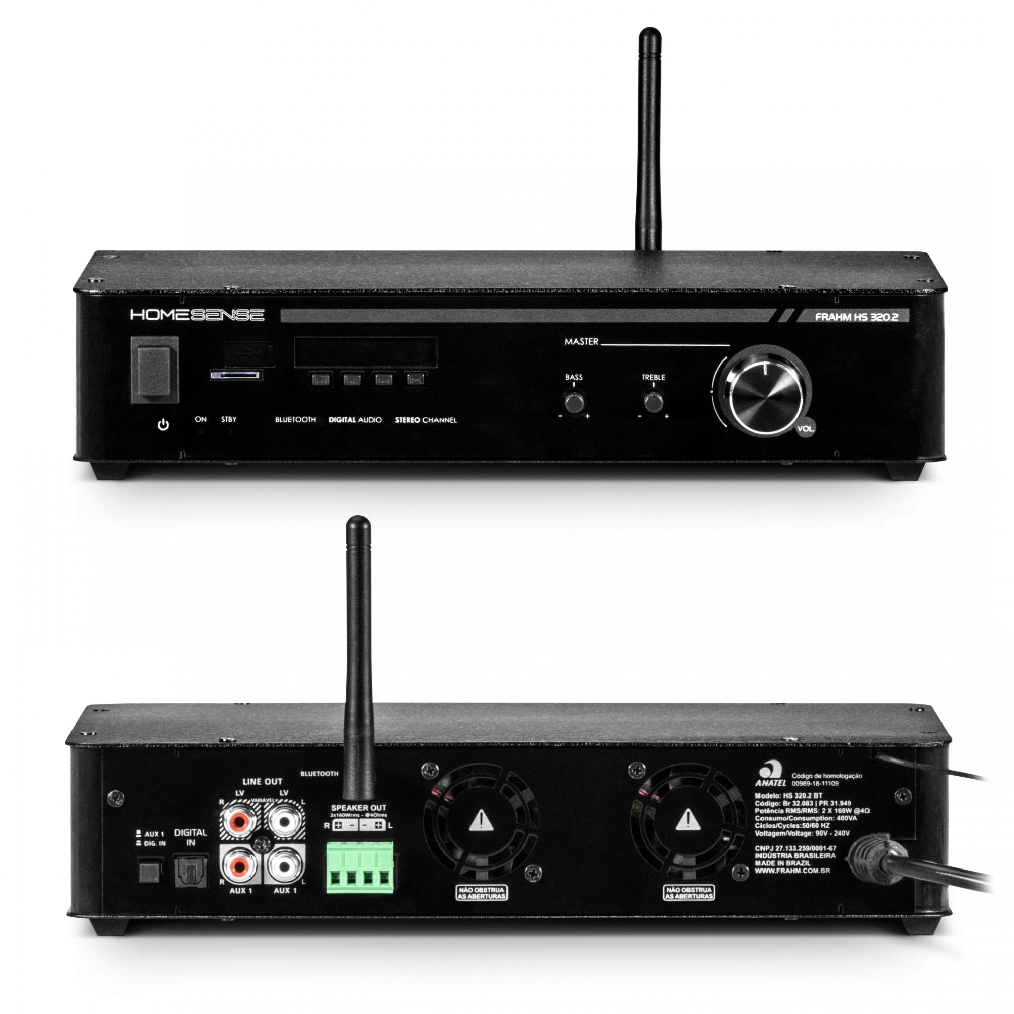 Amplificador Home Sense HS320.2 BT 320W RMS 4 Ohms Classe D RCA/FM/MicroSD/BT Frahm - 31949