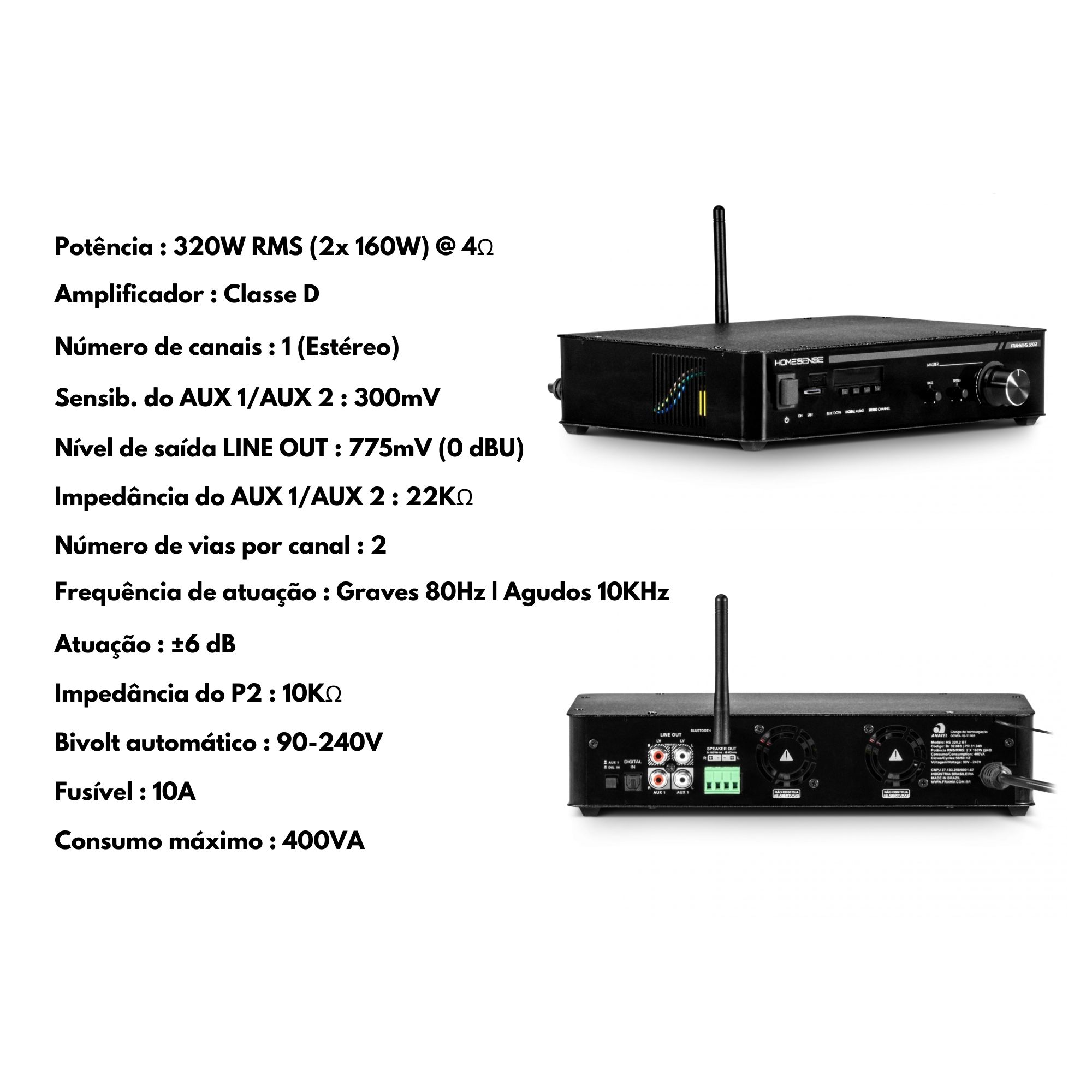 Amplificador Home Sense HS320.2 BT 320W RMS 4 Ohms Classe D RCA/FM/MicroSD/BT Frahm - 31949