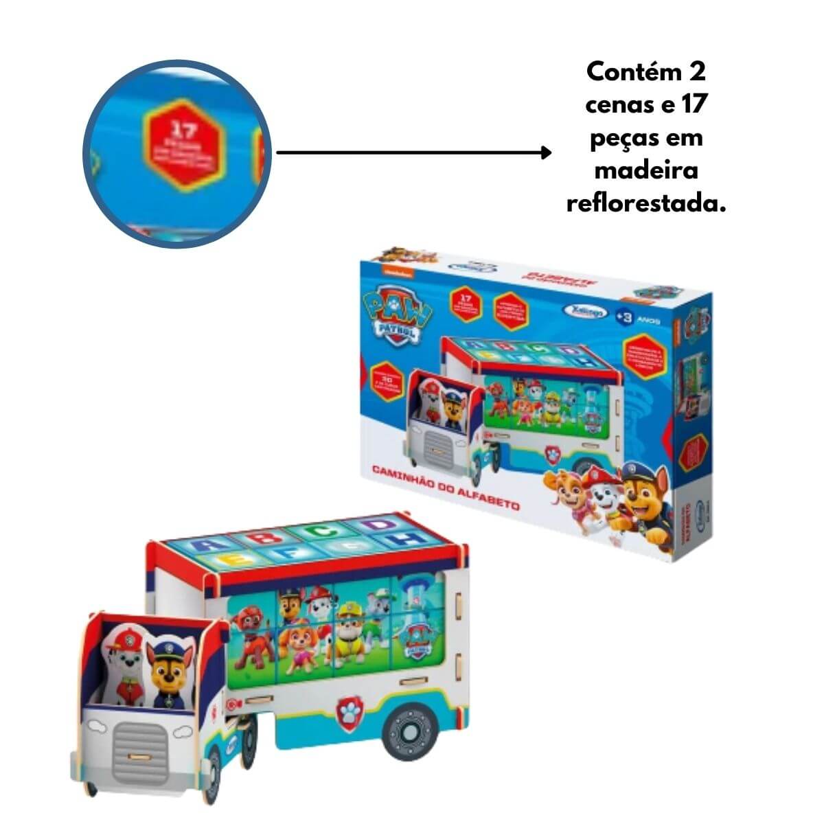 Brinquedo de Montar Caminhão Abc Patrulha Canina MDF 3D Criativo 2 Cenas 17 Peças Xalingo 13910