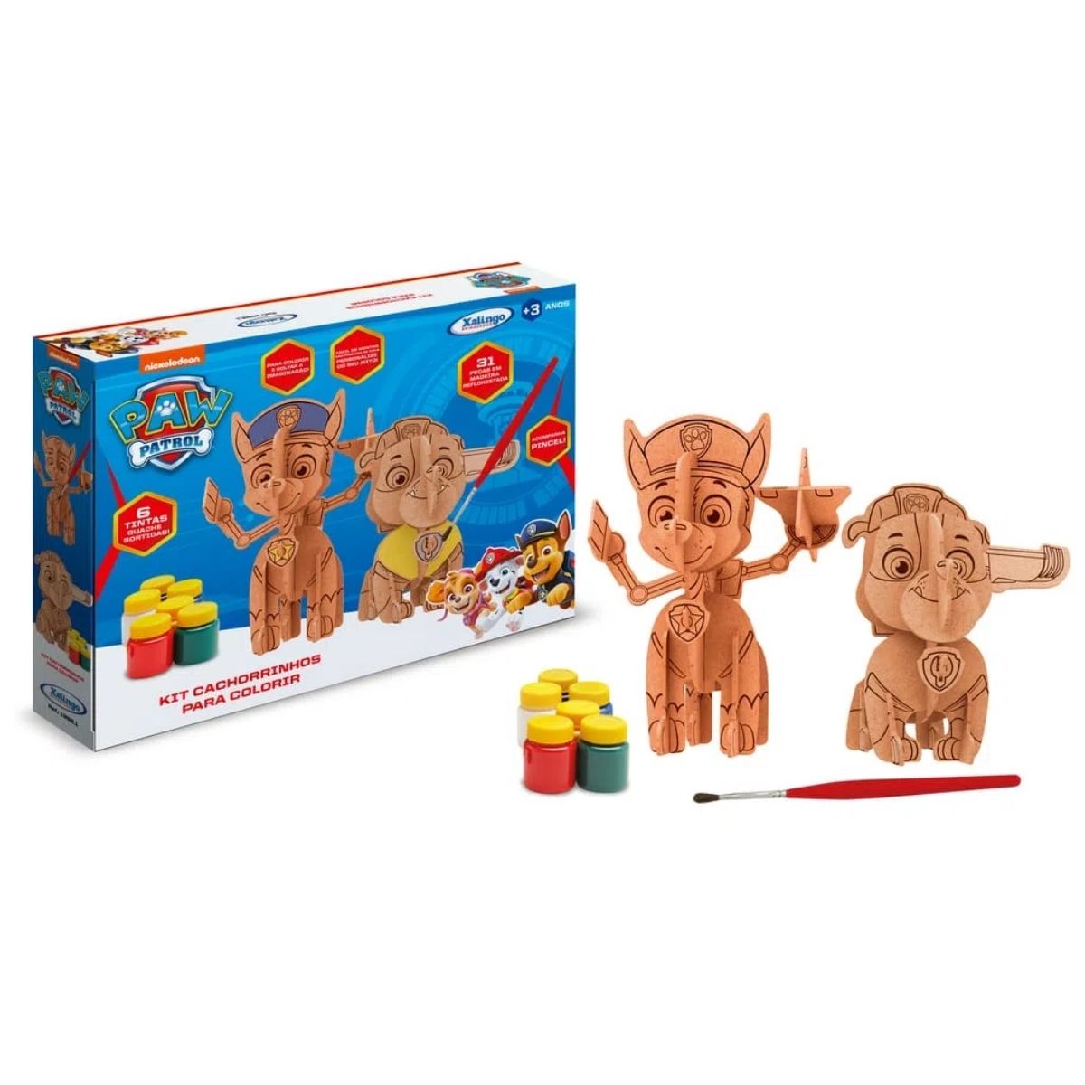 Kit de Montar Cachorrinhos de Madeira Colorir Patrulha Canina C/ Pincel e 6 Tintas Xalingo 1392.1
