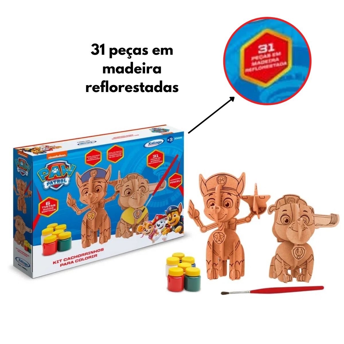 Kit de Montar Cachorrinhos de Madeira Colorir Patrulha Canina C/ Pincel e 6 Tintas Xalingo 1392.1