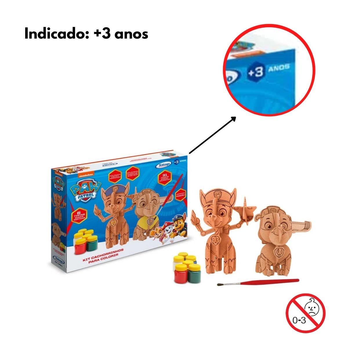 Kit de Montar Cachorrinhos de Madeira Colorir Patrulha Canina C/ Pincel e 6 Tintas Xalingo 1392.1