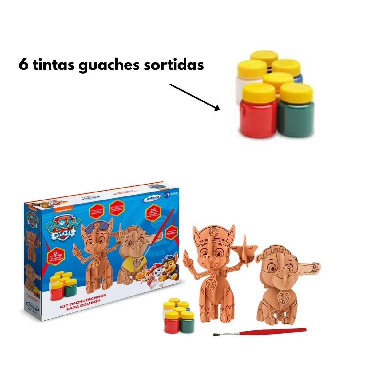 Kit de Montar Cachorrinhos de Madeira Colorir Patrulha Canina C/ Pincel e 6 Tintas Xalingo 1392.1