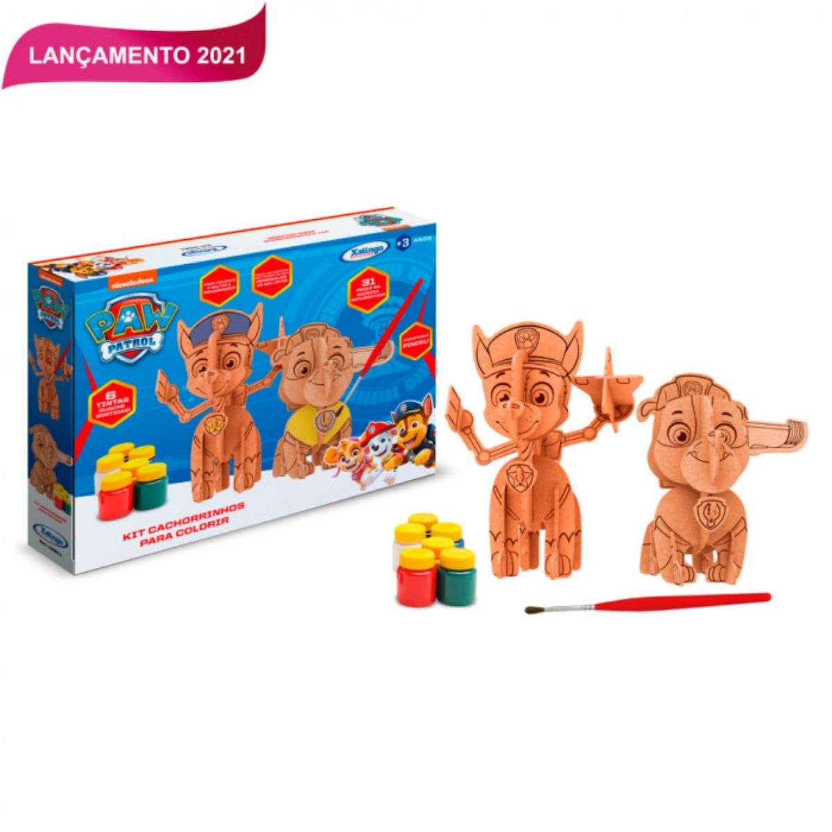 Kit de Montar Cachorrinhos de Madeira Colorir Patrulha Canina C/ Pincel e 6 Tintas Xalingo 1392.1