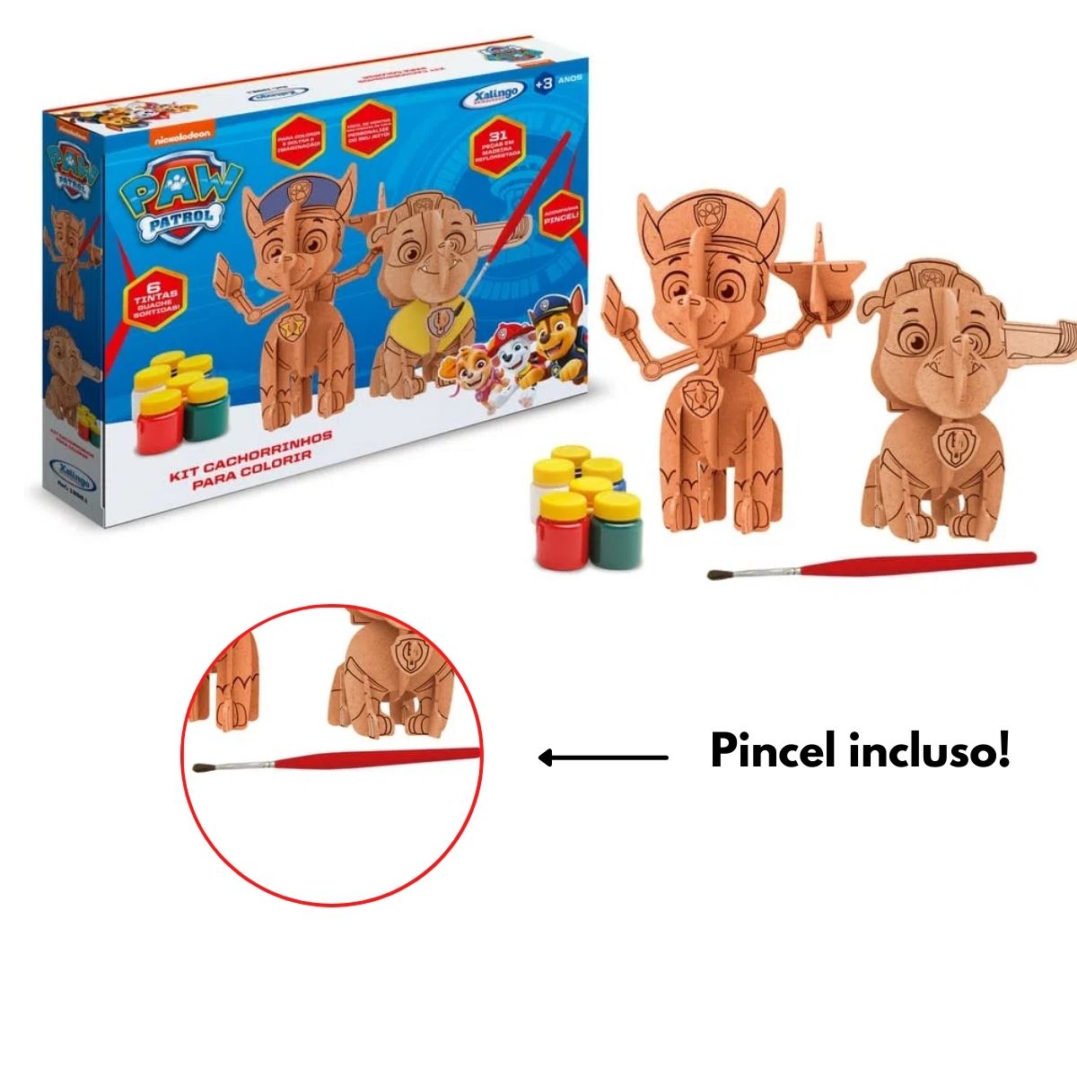 Kit de Montar Cachorrinhos de Madeira Colorir Patrulha Canina C/ Pincel e 6 Tintas Xalingo 1392.1