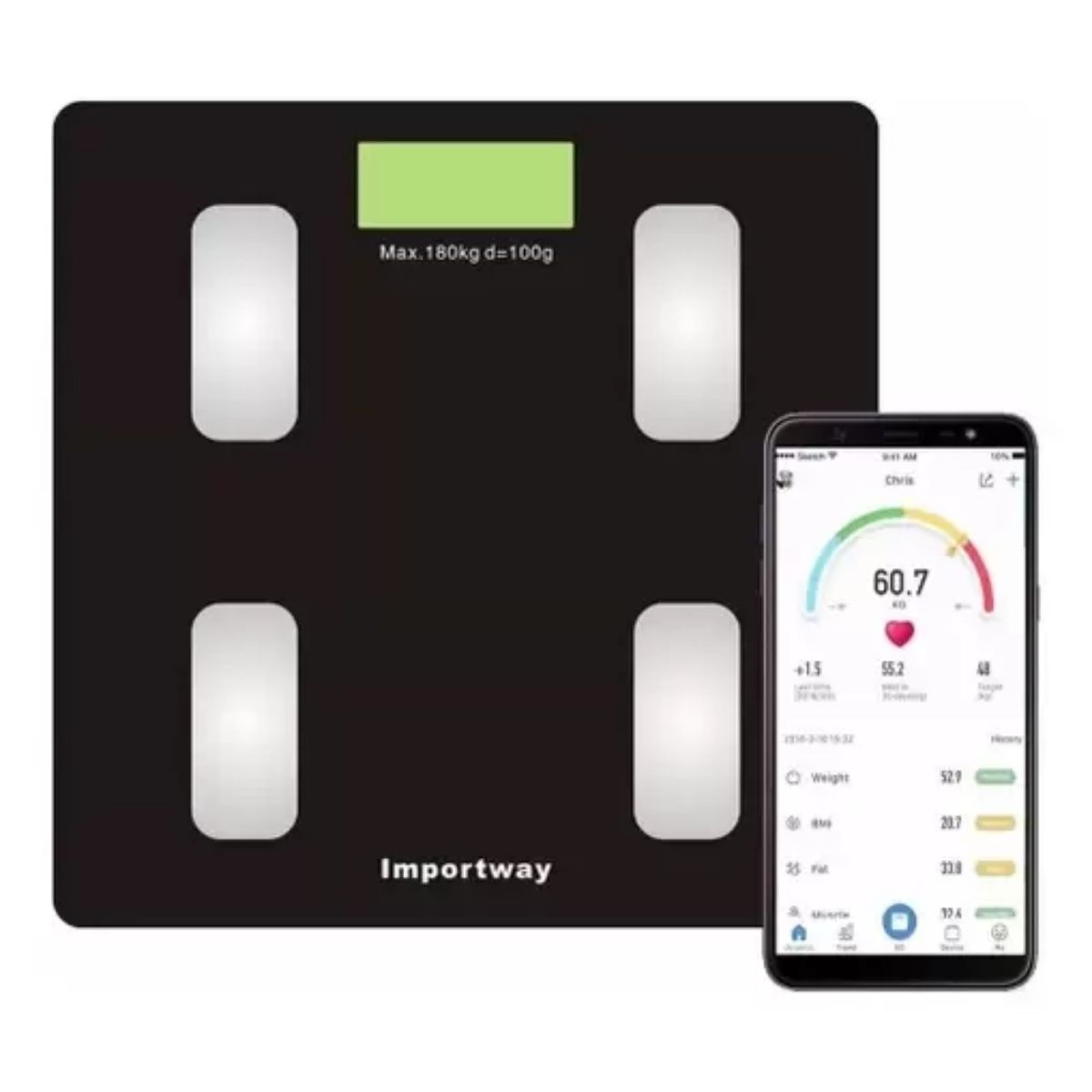 Balança Digital Bioimpedância C/APP Até 180kg Bluetooth Alta Precisão Importway IWBDBIO001APP