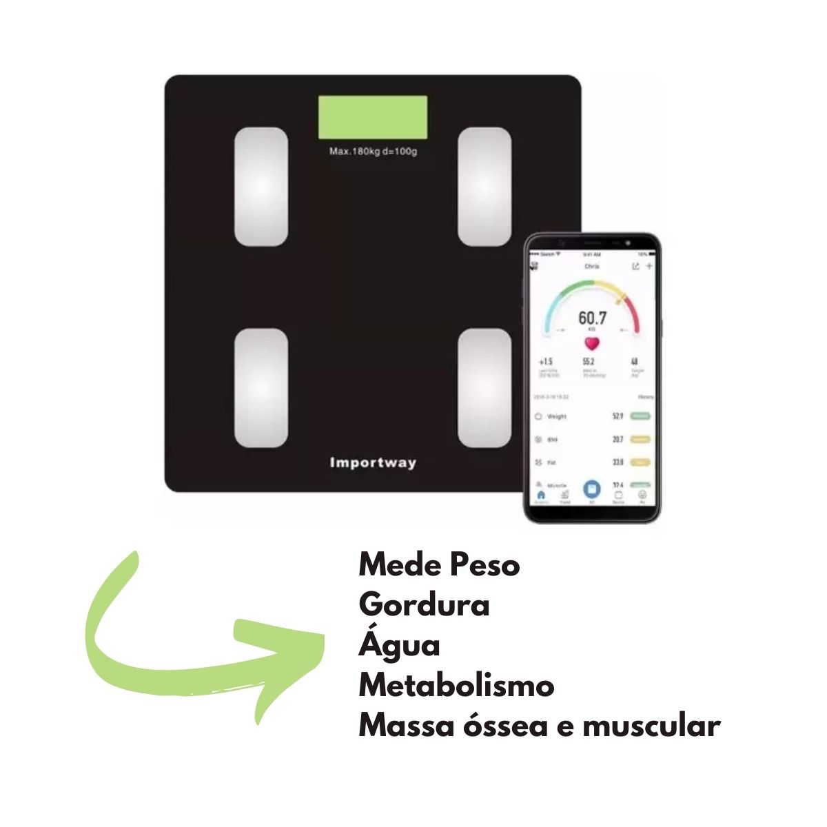 Balança Digital Bioimpedância C/APP Até 180kg Bluetooth Alta Precisão Importway IWBDBIO001APP
