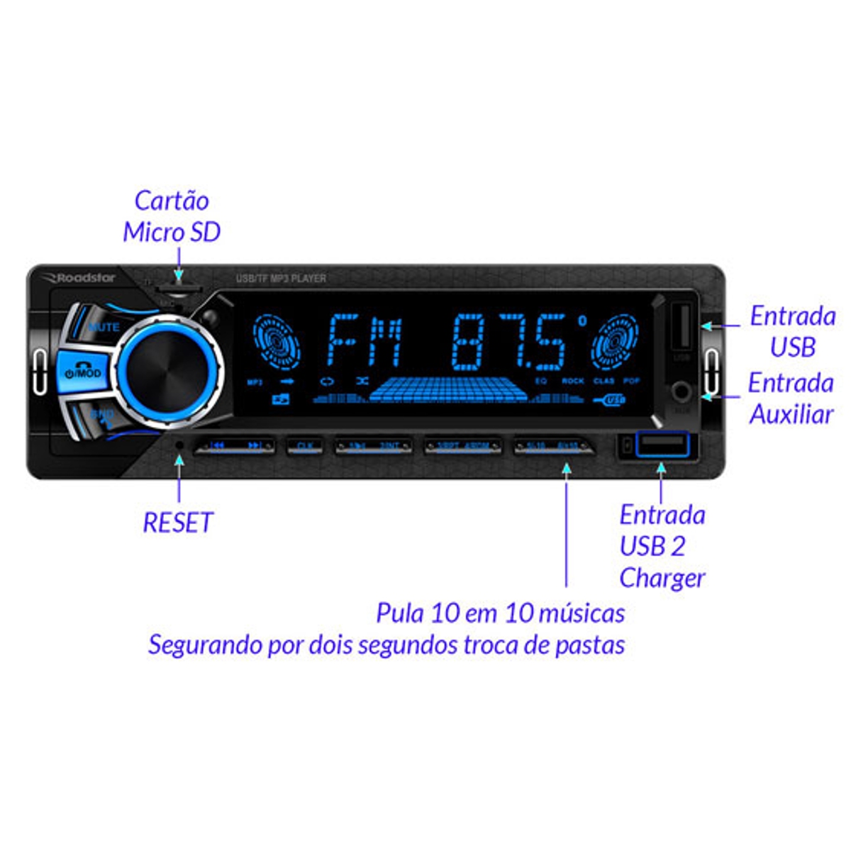 Som Automotivo Roadstar Bluetooth/Micro SD/USB/FM/ISO/MP3 Painel LED Fixo 7 Cores RS2750BR Plus