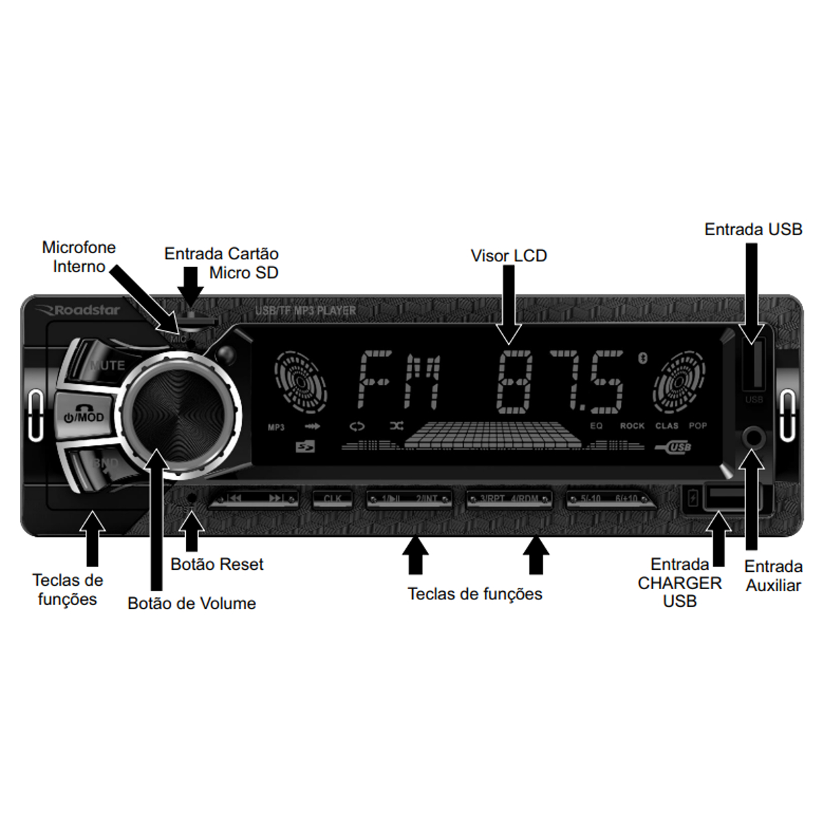 Som Automotivo Roadstar Bluetooth/Micro SD/USB/FM/ISO/MP3 Painel LED Fixo 7 Cores RS2750BR Plus