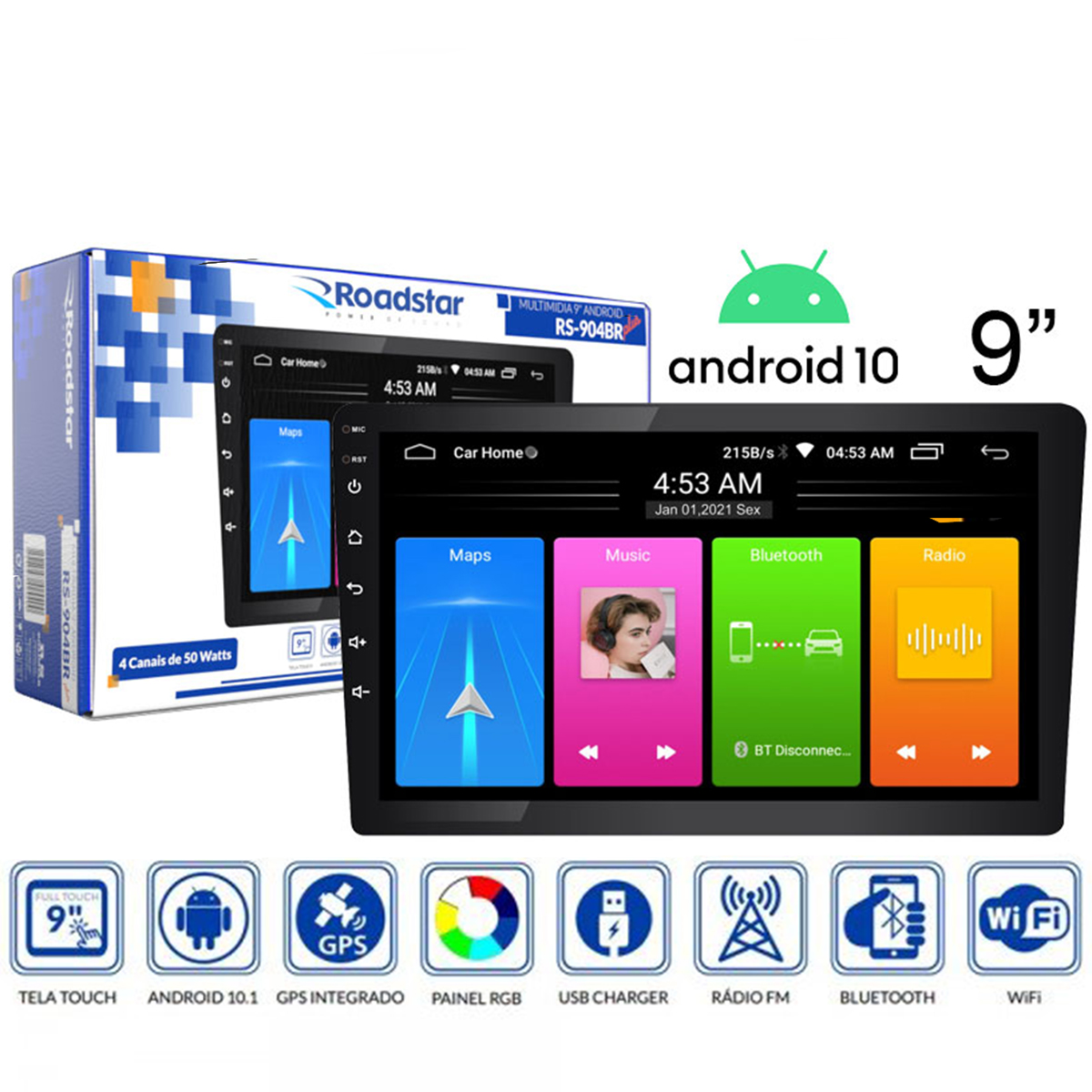 Central Multimídia 2 din Android 10.1 MP5 9 pol RS904BR Plus Full Touch USB WiFi GPS - Roadstar