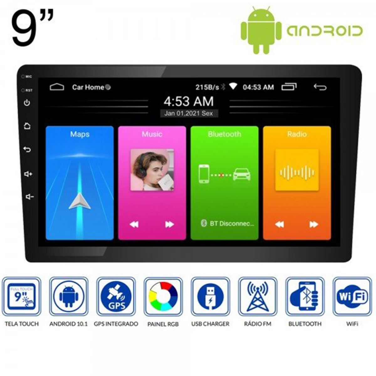 Central Multimídia 2 din Android 10.1 MP5 9 pol RS904BR Plus Full Touch USB WiFi GPS - Roadstar