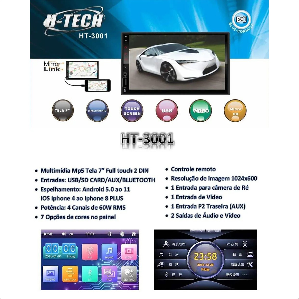 Central Multimídia 2 Din 7 Polegadas MP5 HT-3001 Bluetooth USB Aux FM Tela Android e iOS H-Tech