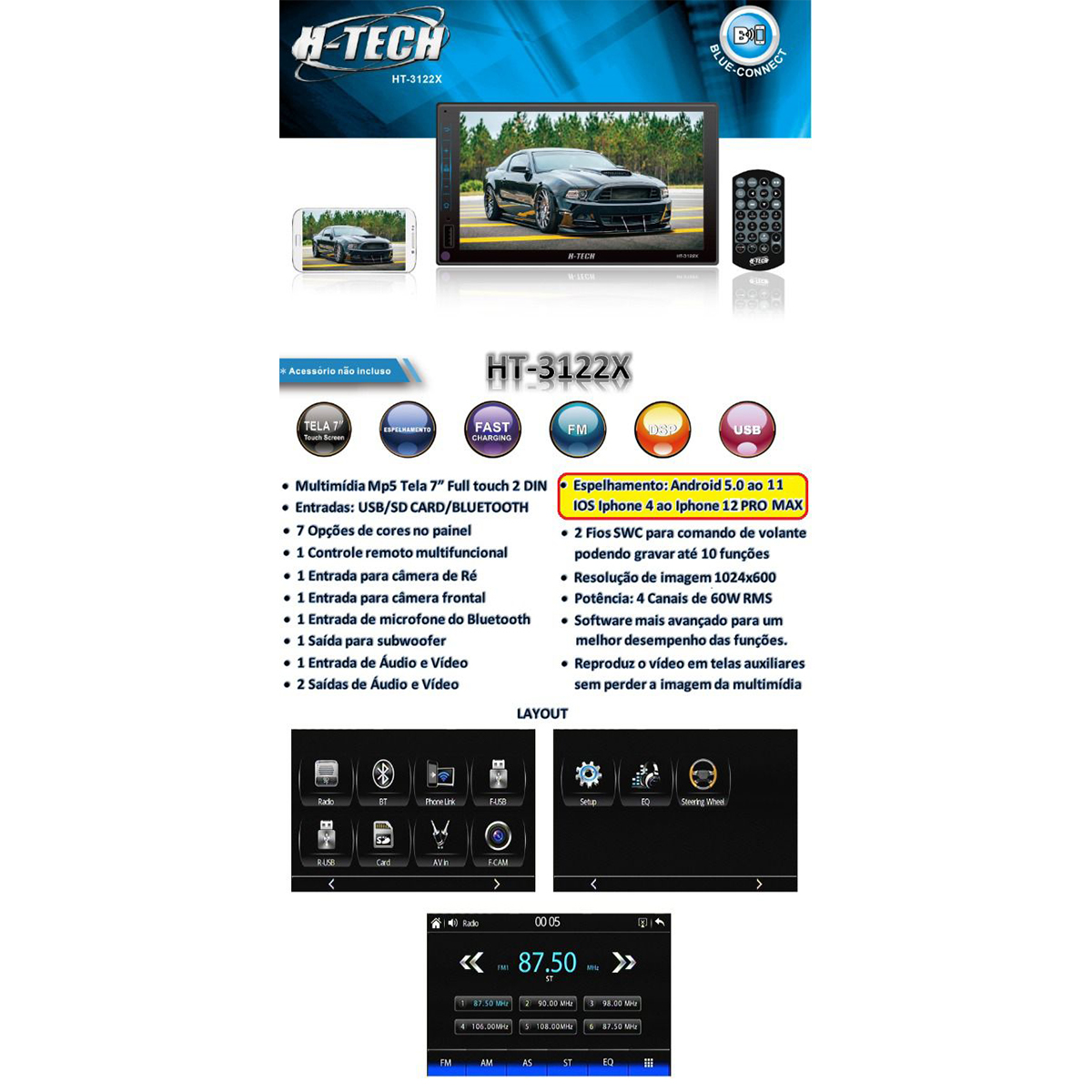 Central Multimídia 2 Din 7 Polegadas MP5 HT-3122X Bluetooth USB Aux FM Tela Touch  H-Tech