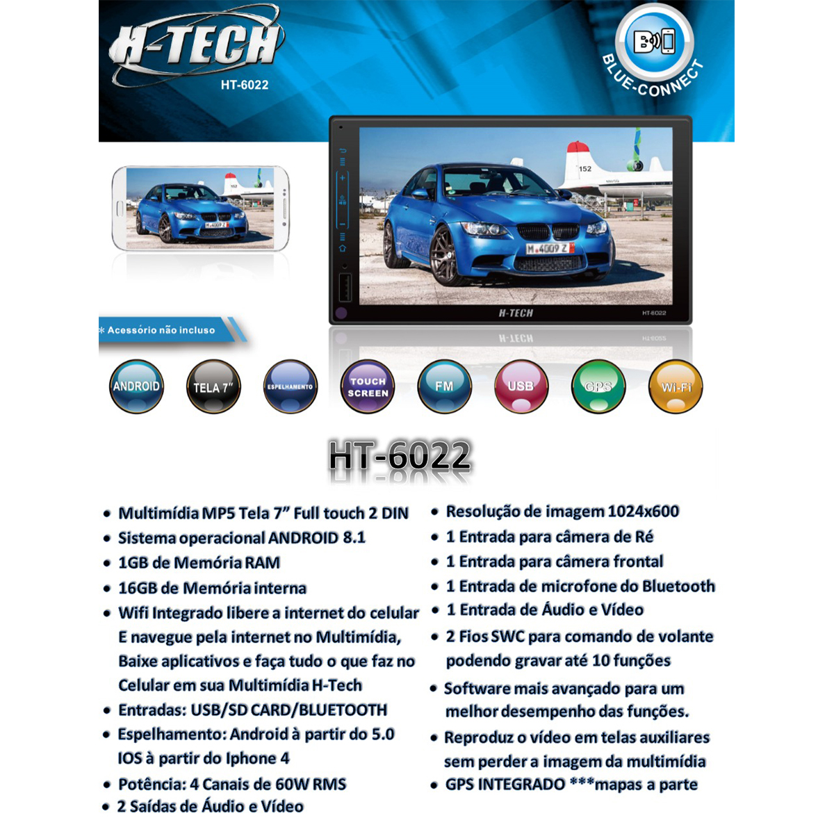 Central Multimídia 2 Din Android 8.1 MP5 7 Polegadas HT-6022 WiFi GPS USB Android e iOS FM H-Tech