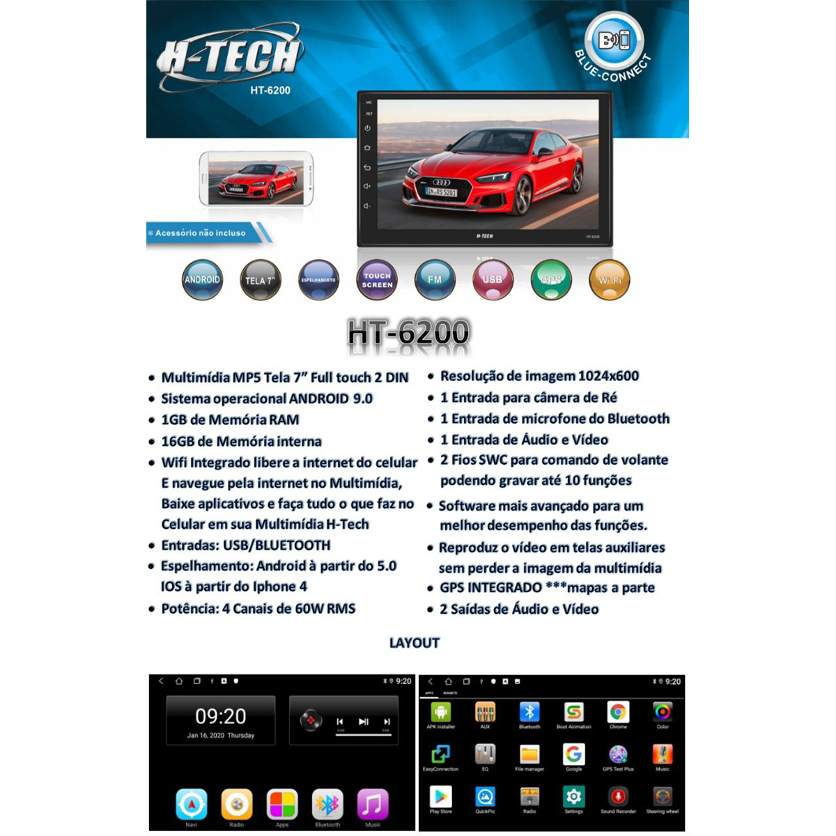 Central Multimídia 2 Din Android 10 MP5 7 Polegadas HT-6200 WiFi GPS Espelhamento FM H-Tech