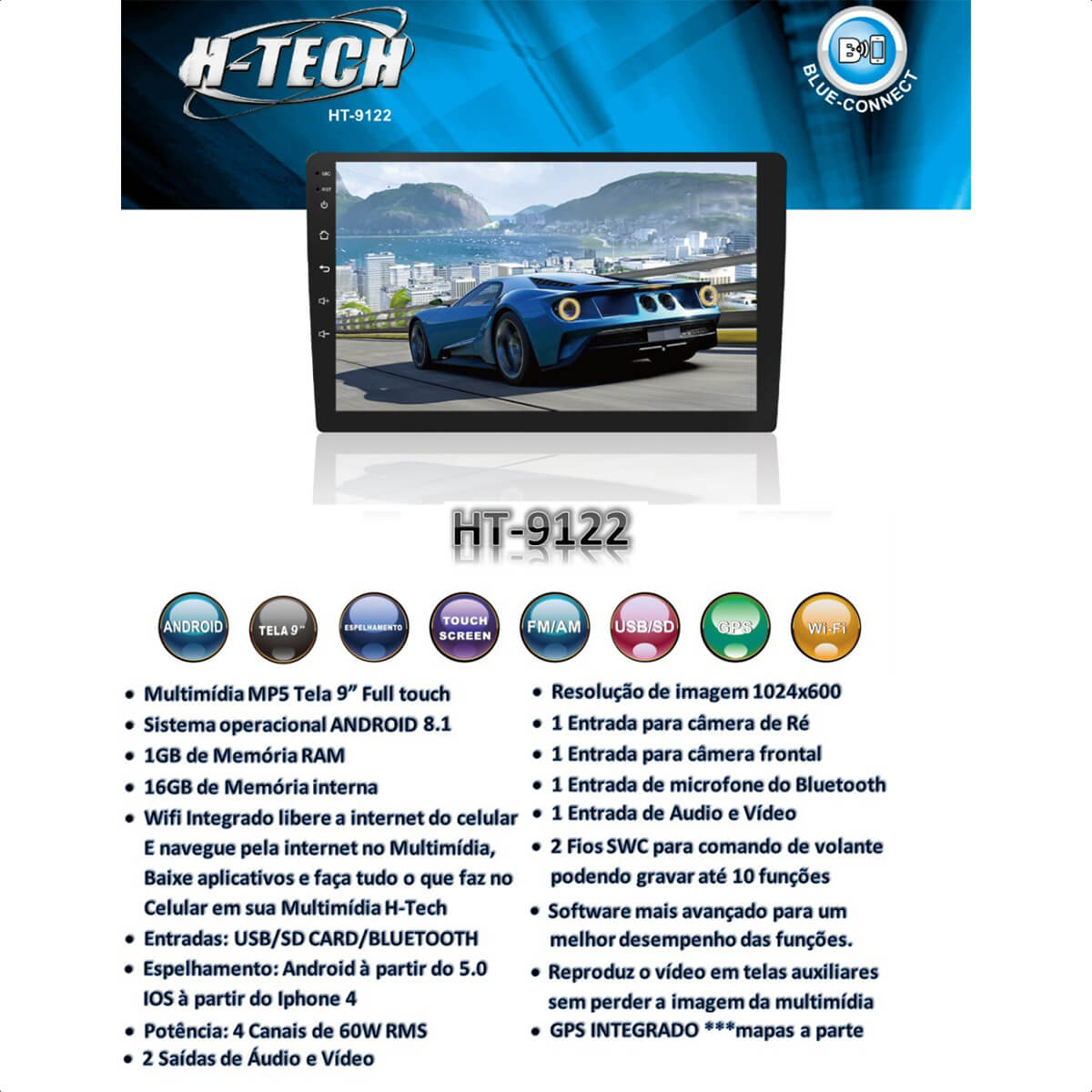 Central Multimídia 2 Din Android 8.1 MP5 9 Polegadas HT-9122 WiFi GPS USB Android e iOS H-Tech