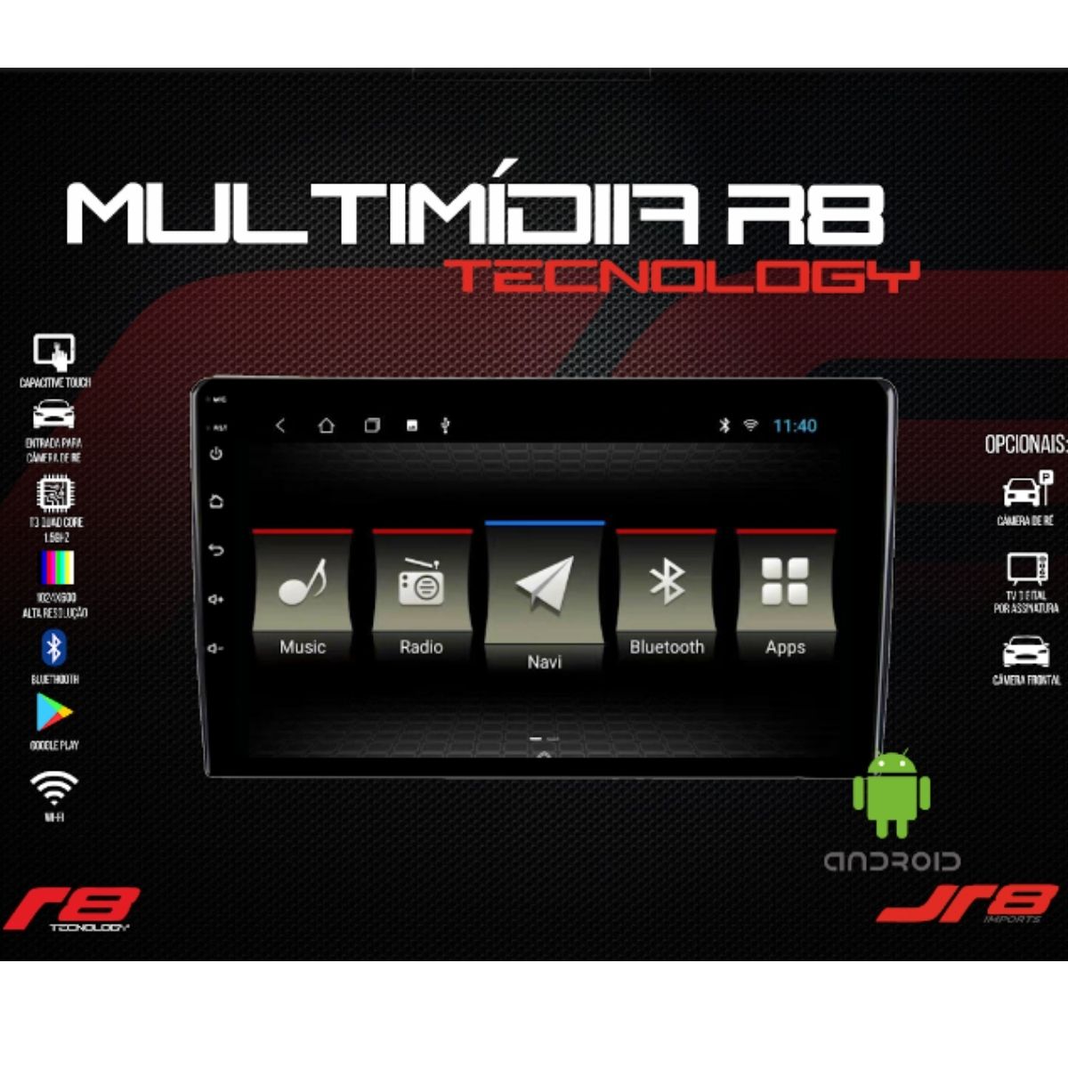 Central Multimídia 2 Din 9 polegadas Android 10 MP5 Android e iOS Bluetooth USB FM JR8