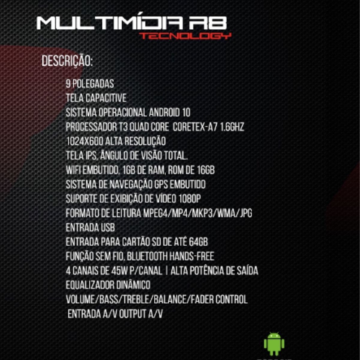 Central Multimídia 2 Din 9 polegadas Android 10 MP5 Android e iOS Bluetooth USB FM JR8