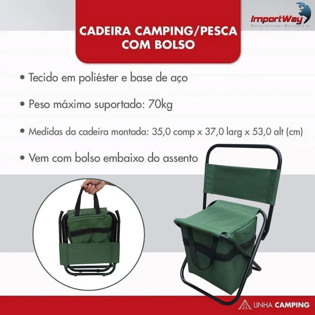 Cadeira de Camping e Pesca com Bolso e Vira Bolsa para Transporte com Alça Suporta até 70kg Verde Importway - IWCPCB01