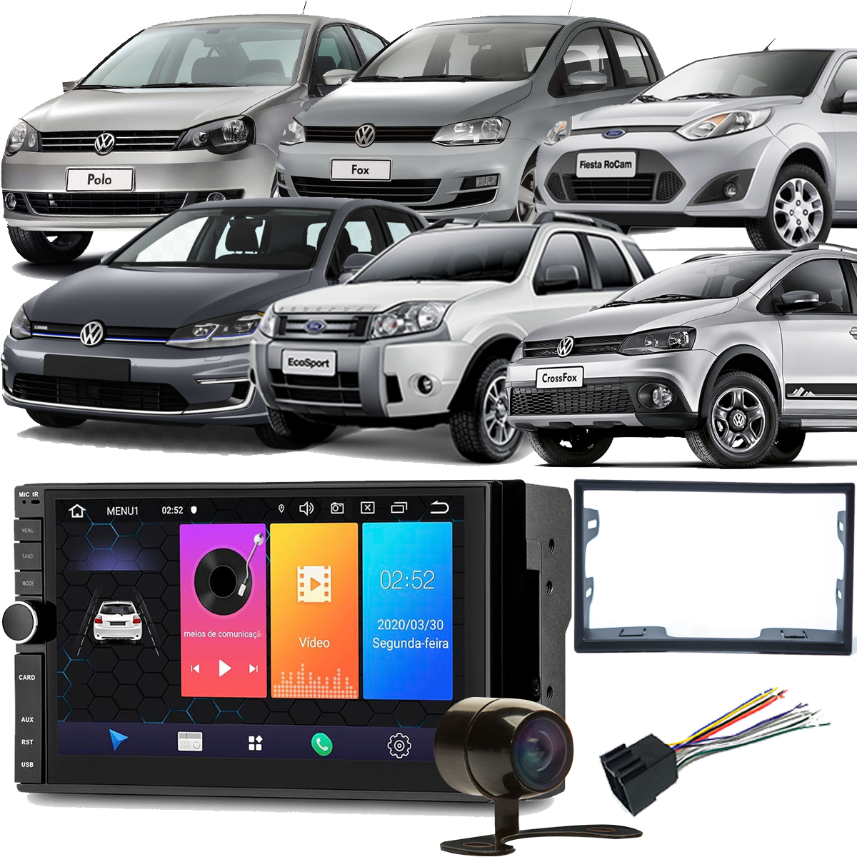 COMP Kit Multimídia Golf Fox Crossfox SpaceFox Polo Fiesta Eco Evolve 7 pol Android 9 GP349 + Moldura + Câmera + Chicote