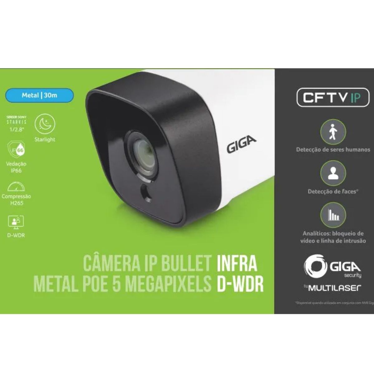 Câmera de Segurança IP Bullet Metal POE 5 MP Infravermelho 30M DWDR GIGA - GS0374