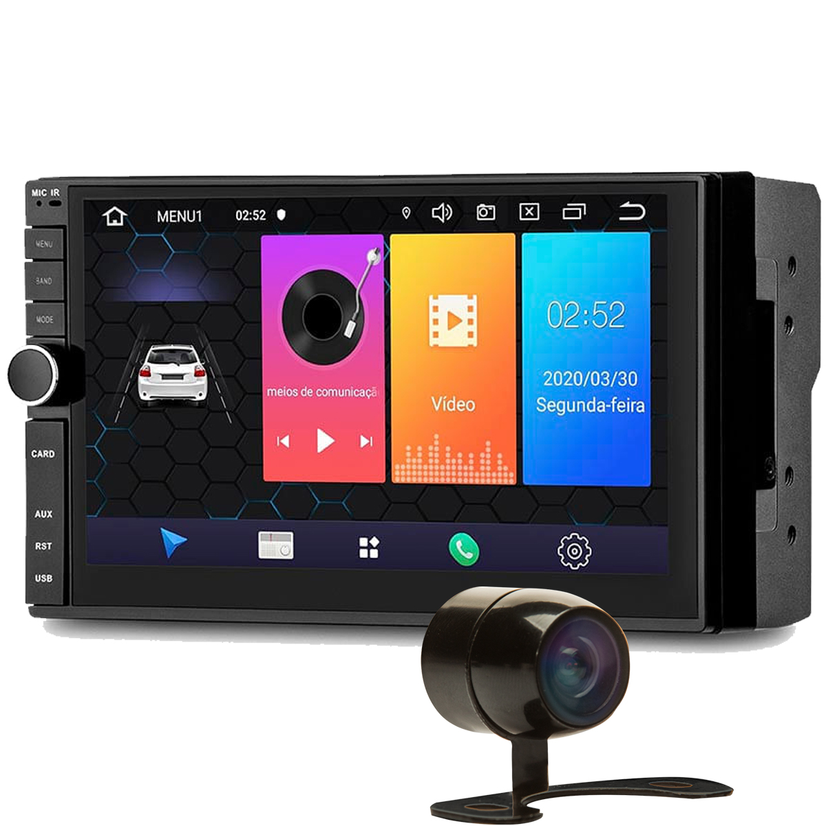 COMP Kit Central Multimídia Evolve 7" Android 9.0 BT Wi-Fi FM USB iOS Android Espelhamento Multilaser - GP349 + Câmera
