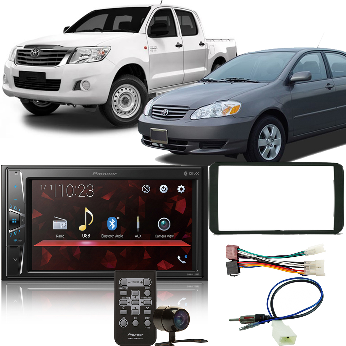 COMP Kit Multimídia 2 Din Corolla 2003 a 2007 Hilux 2005 a 2011 Pioneer DMH-G228BT 6,2 pol + Moldura + Câmera + Chicotes