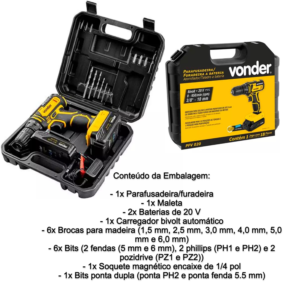 Parafusadeira/Furadeira Bateria 20V PFV020 c/ 18 Posições de Torque Vonder - 60.01.020.000